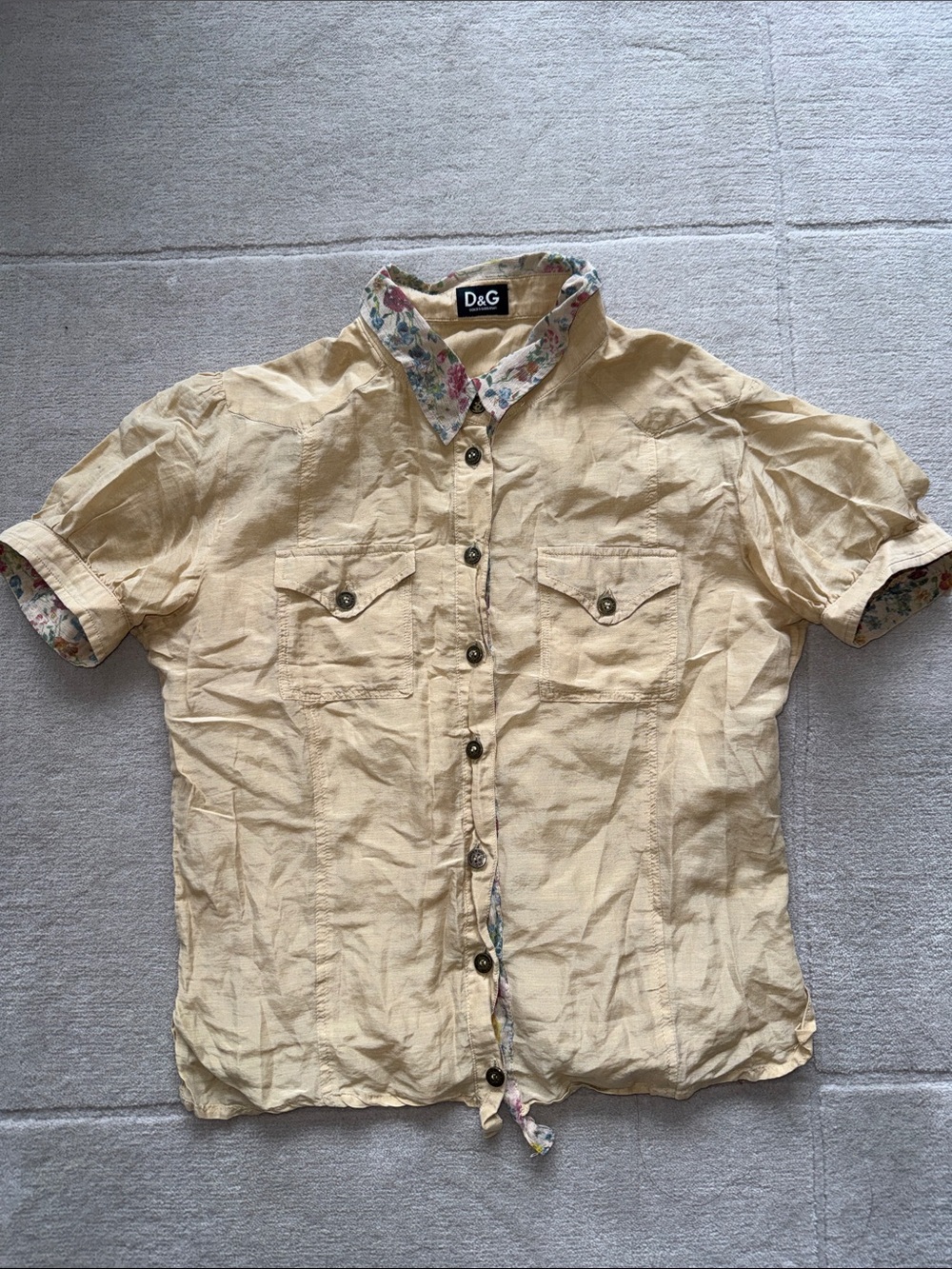 D&G Woman’s Sheer Short-Sleeve Button-Up Shirt in Light Yellow with Floral Trim